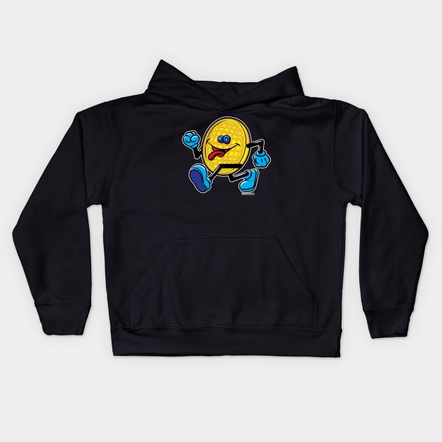 Happy Smiling Waffle Mascot strutting with Blueberries Kids Hoodie by eShirtLabs